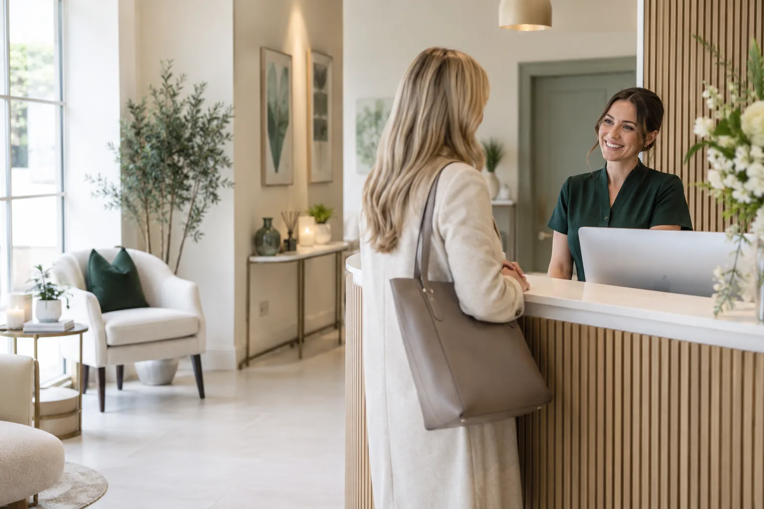 Illustrative receptionist welcoming an adult to a refined aesthetic clinic