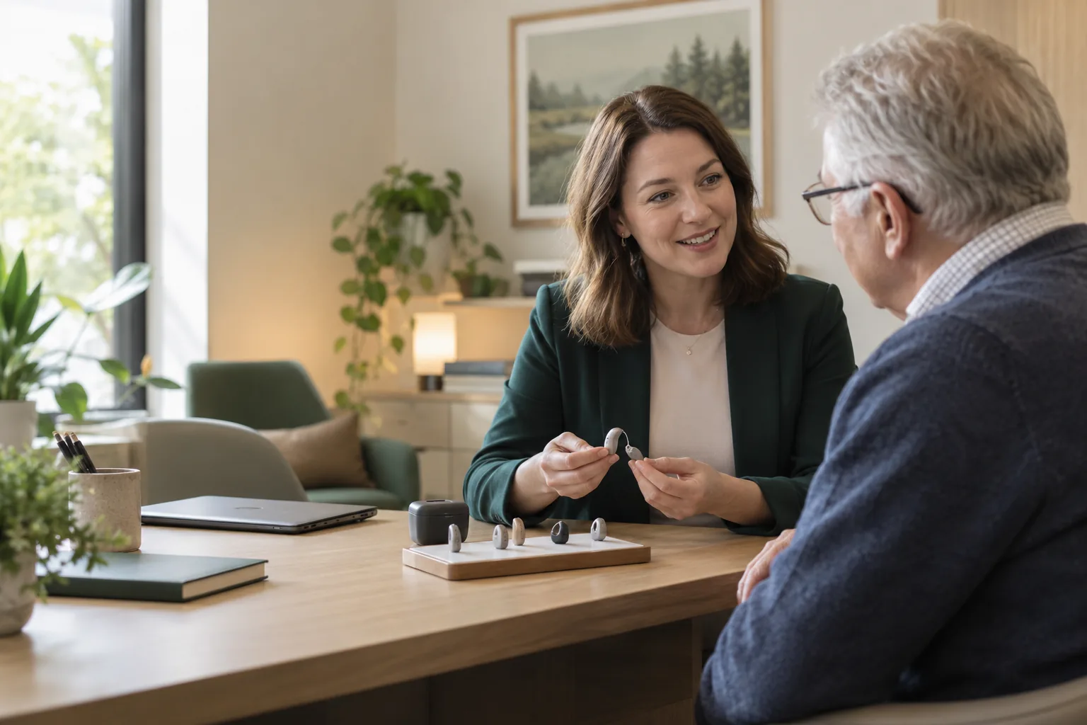 Illustrative hearing specialist speaking with an older adult at an audiology clinic desk