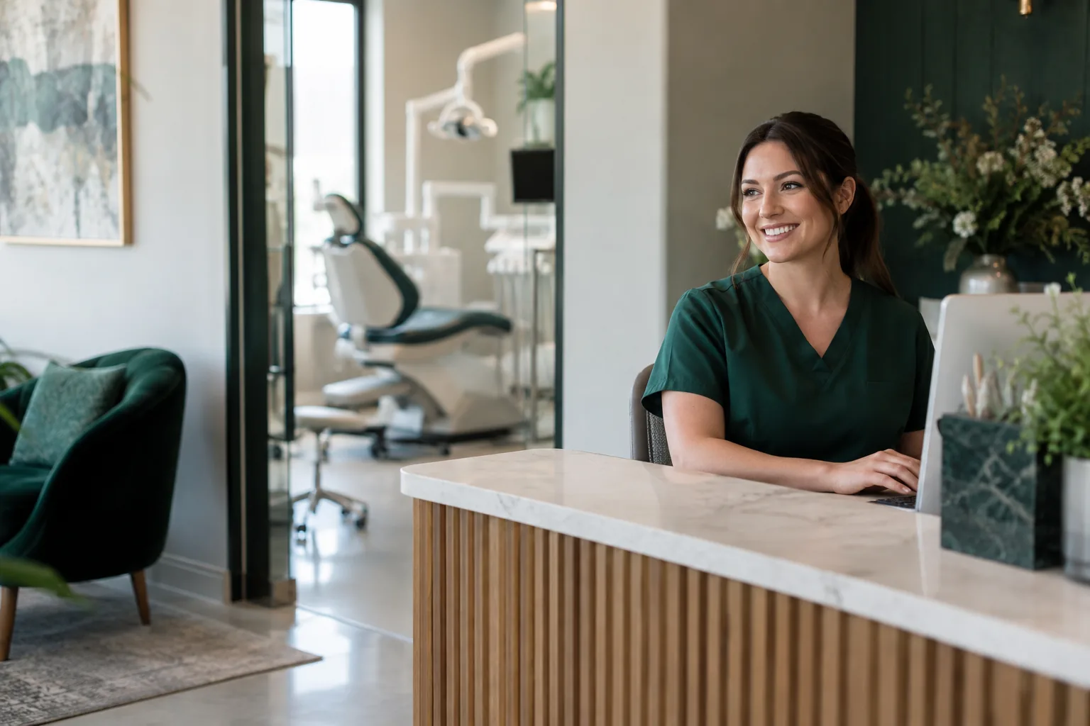 Illustrative dental practice reception with a receptionist and treatment room in the background