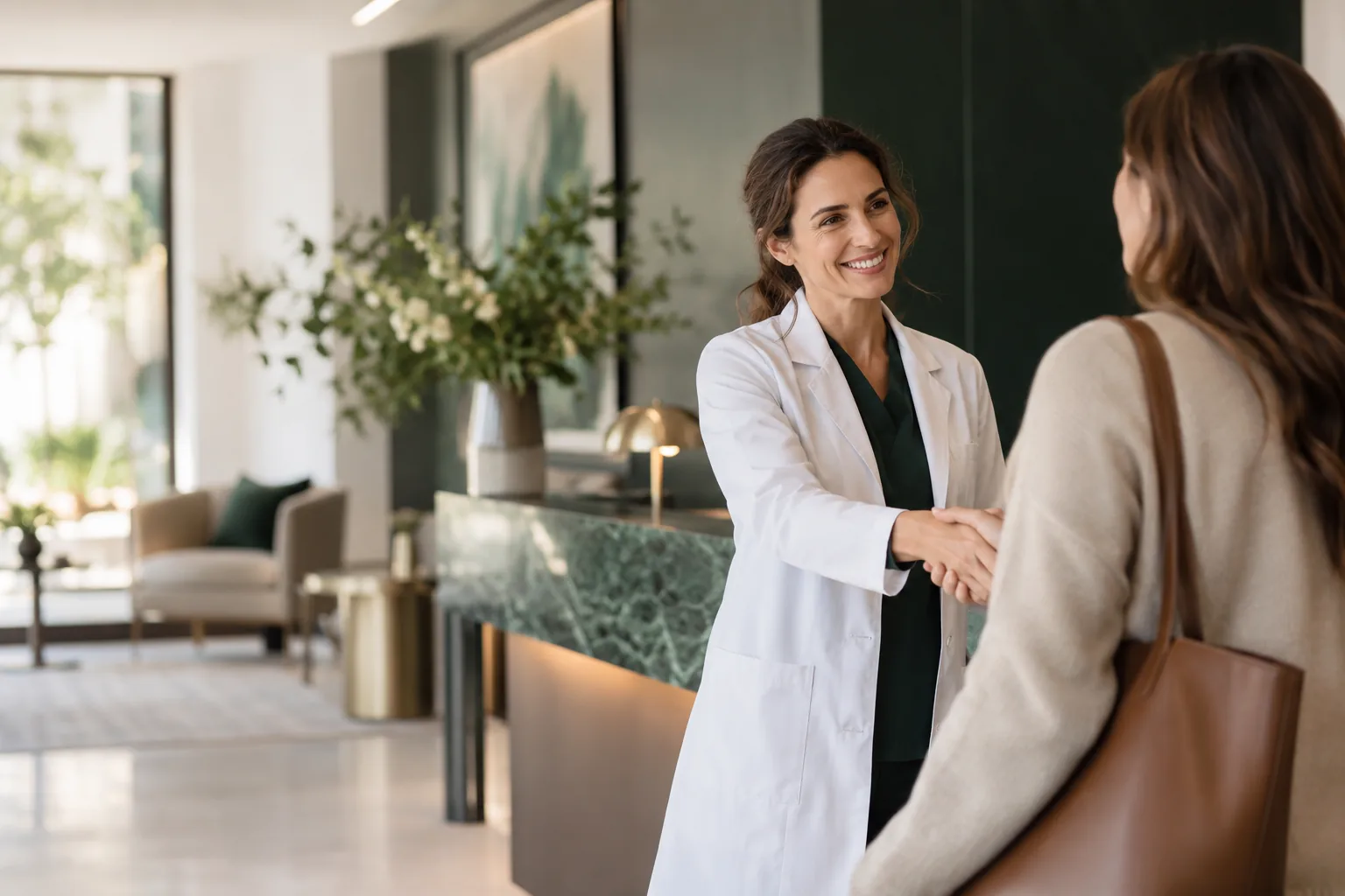 Illustrative dermatologist greeting an adult patient at a modern skin clinic reception