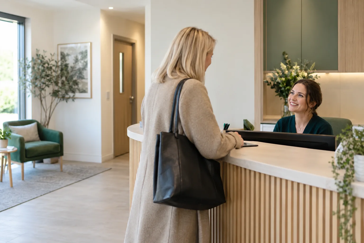 Illustrative receptionist greeting an adult patient at a private medical clinic