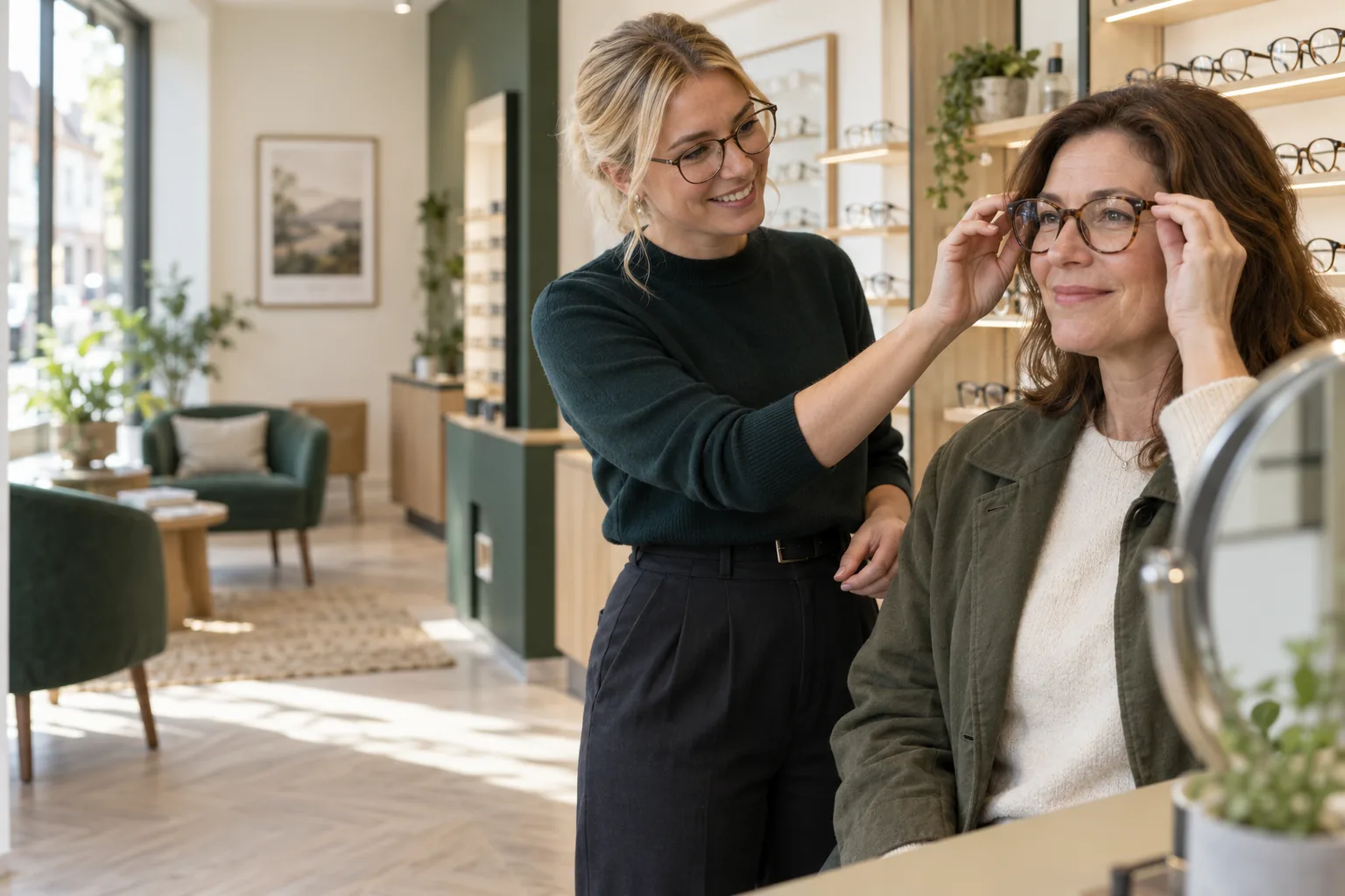 Illustrative optician helping an adult choose spectacles in an independent optical practice