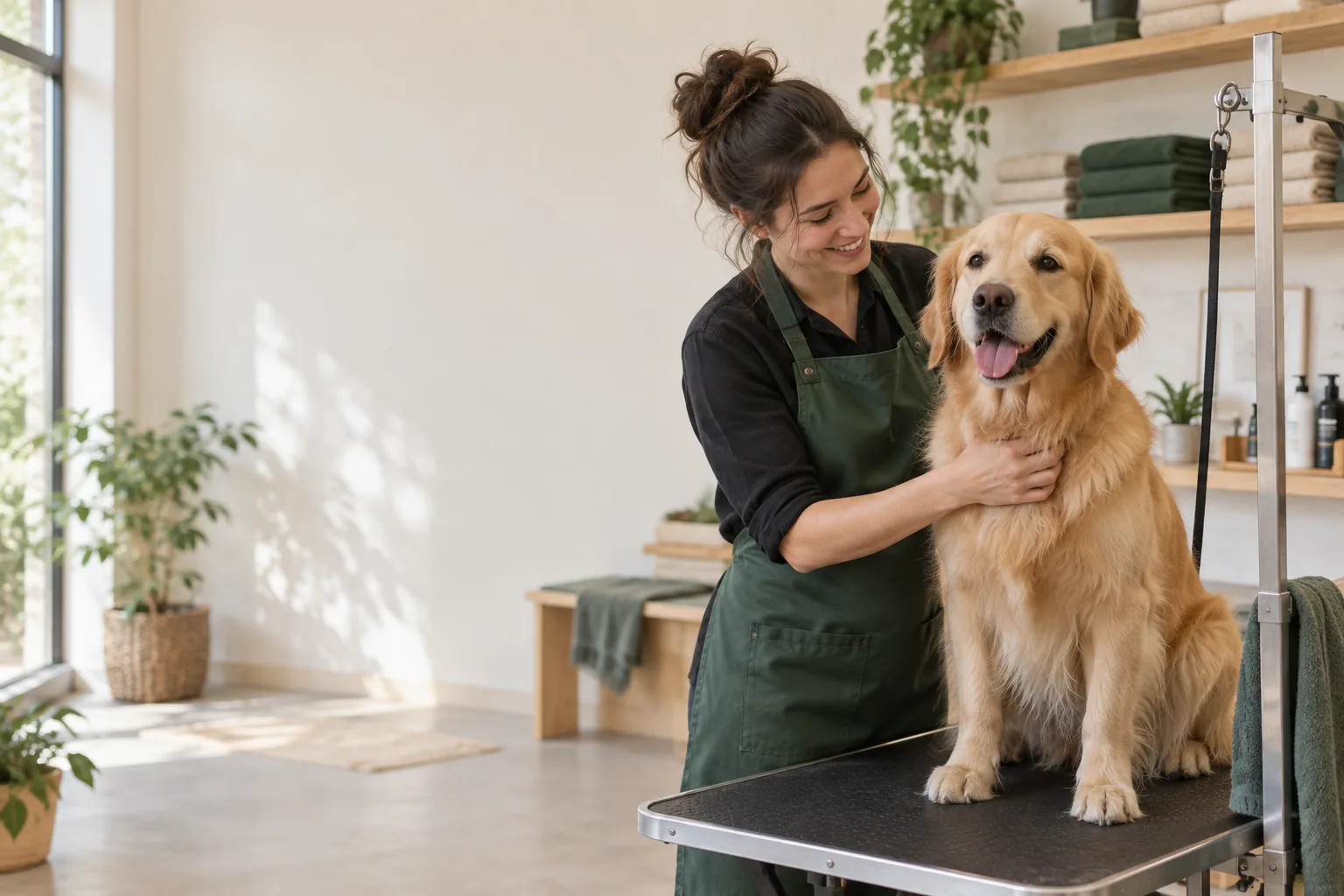 Illustrative groomer with a healthy dog in a bright grooming salon