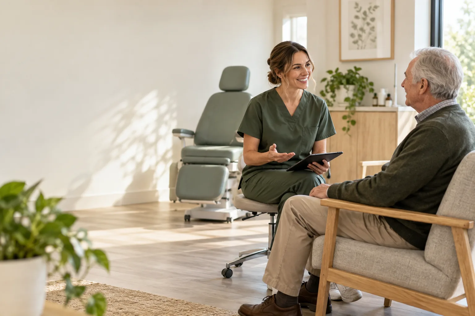 Illustrative podiatrist welcoming an older patient in a bright clinic