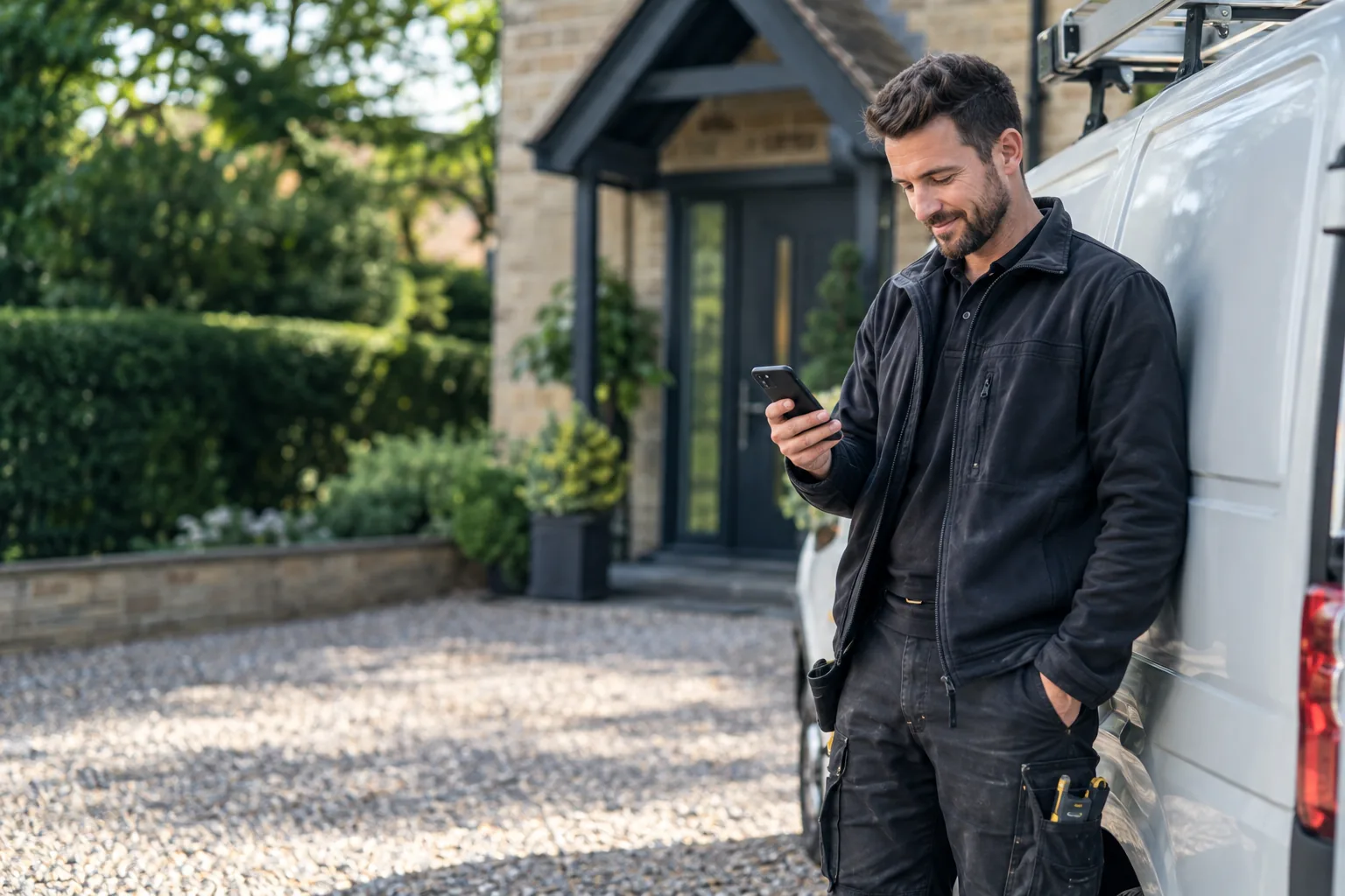 Illustrative trades business owner beside a work van outside a British home using a smartphone