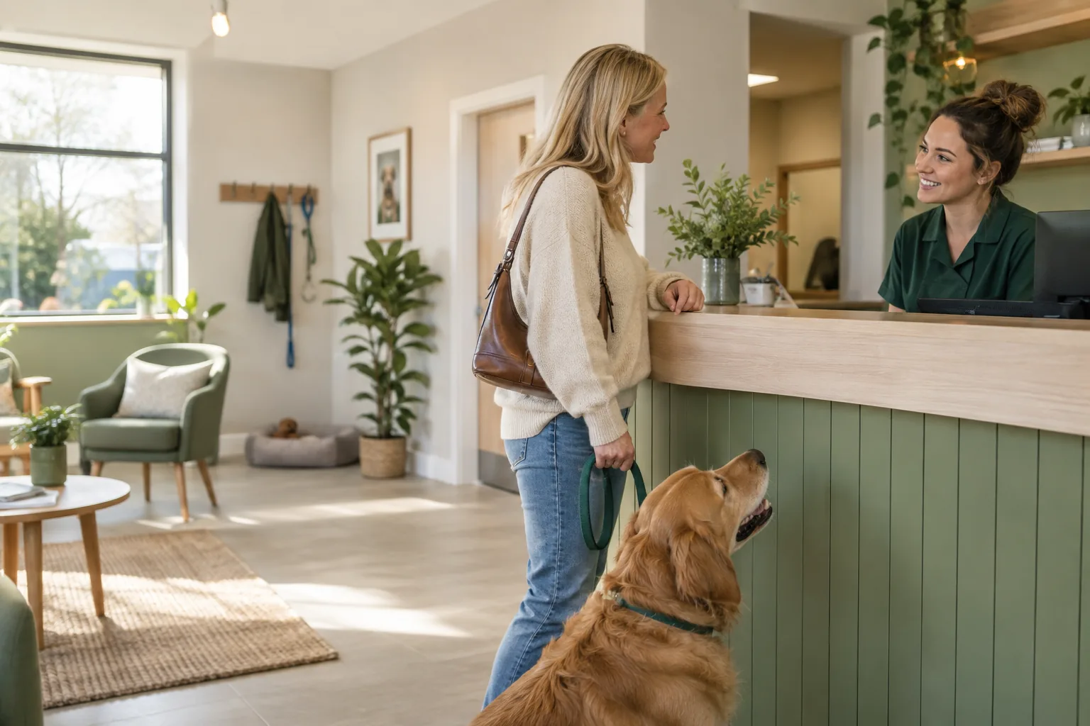 Illustrative veterinary receptionist welcoming an owner and healthy dog into a practice